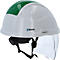 Casque de chantier blanc avec insert vert, visière et jugulaire. Logos "eShark" et "Push/Pull" sur le casque.